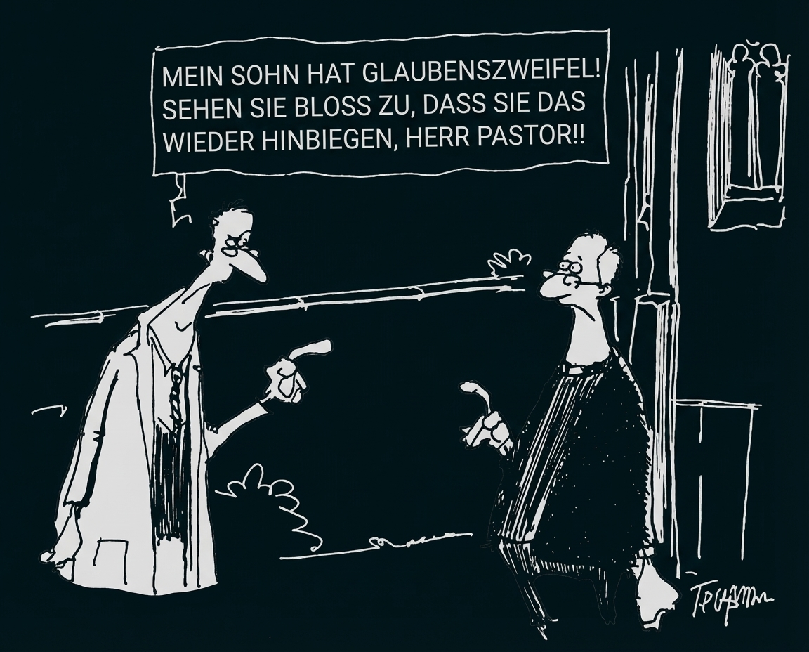 Schwarzweiß-Cartoon: Mann beschwert sich beim Pastor über die Glaubenszweifel seines Sohnes.